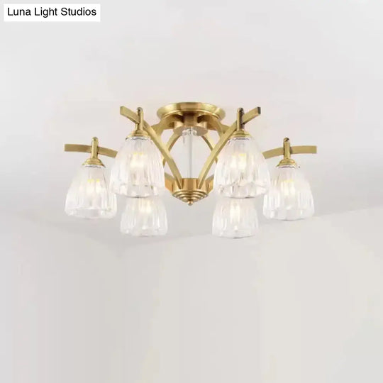 Modern Brass Semi Flush Mount Chandelier - Bell Textured Glass Ceiling Light For Living Room (3/6/8