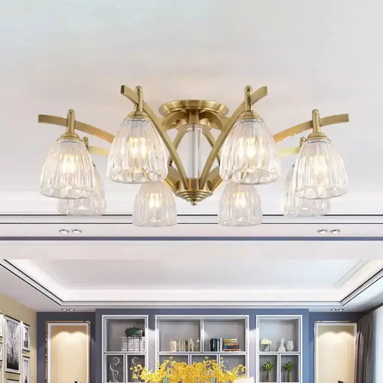 Modern Brass Semi Flush Mount Chandelier - Bell Textured Glass Ceiling Light For Living Room (3/6/8