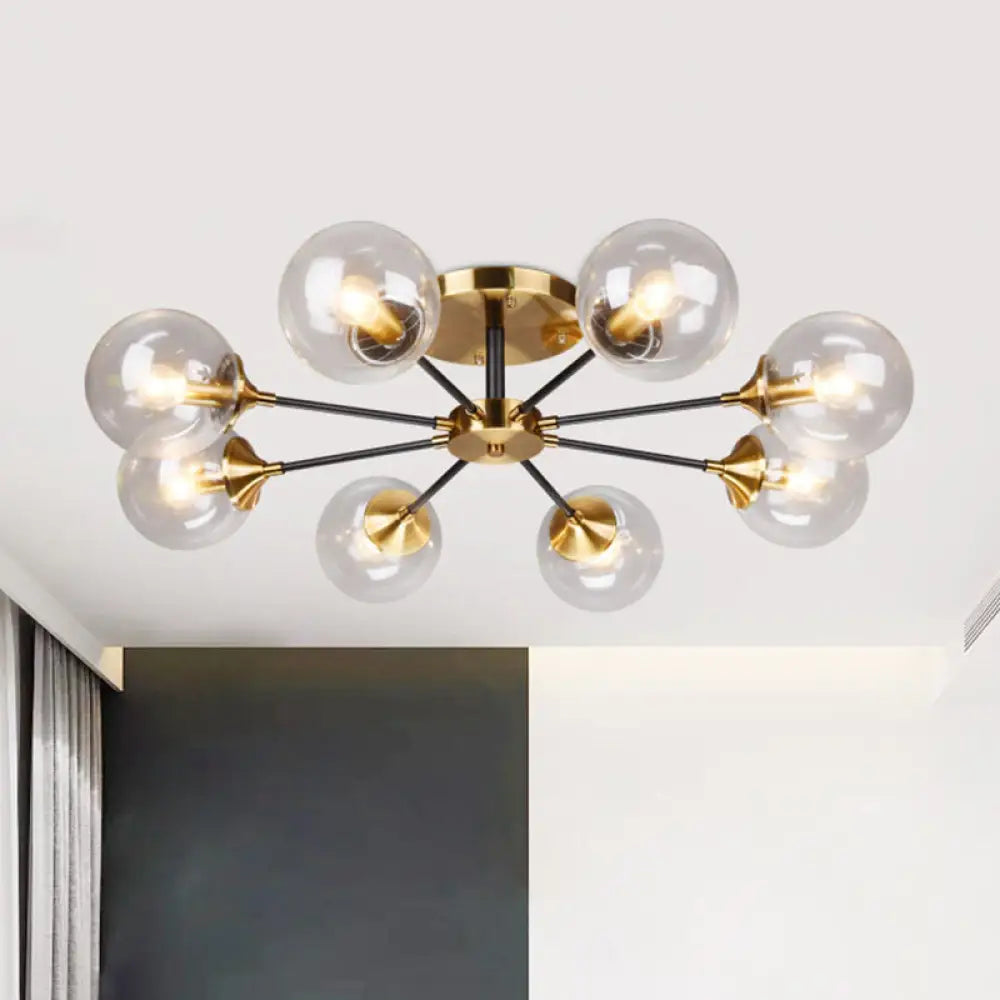 Modern Brass Semi Flush Mount Living Room Light Fixture With Clear Glass Shade - 8 Heads