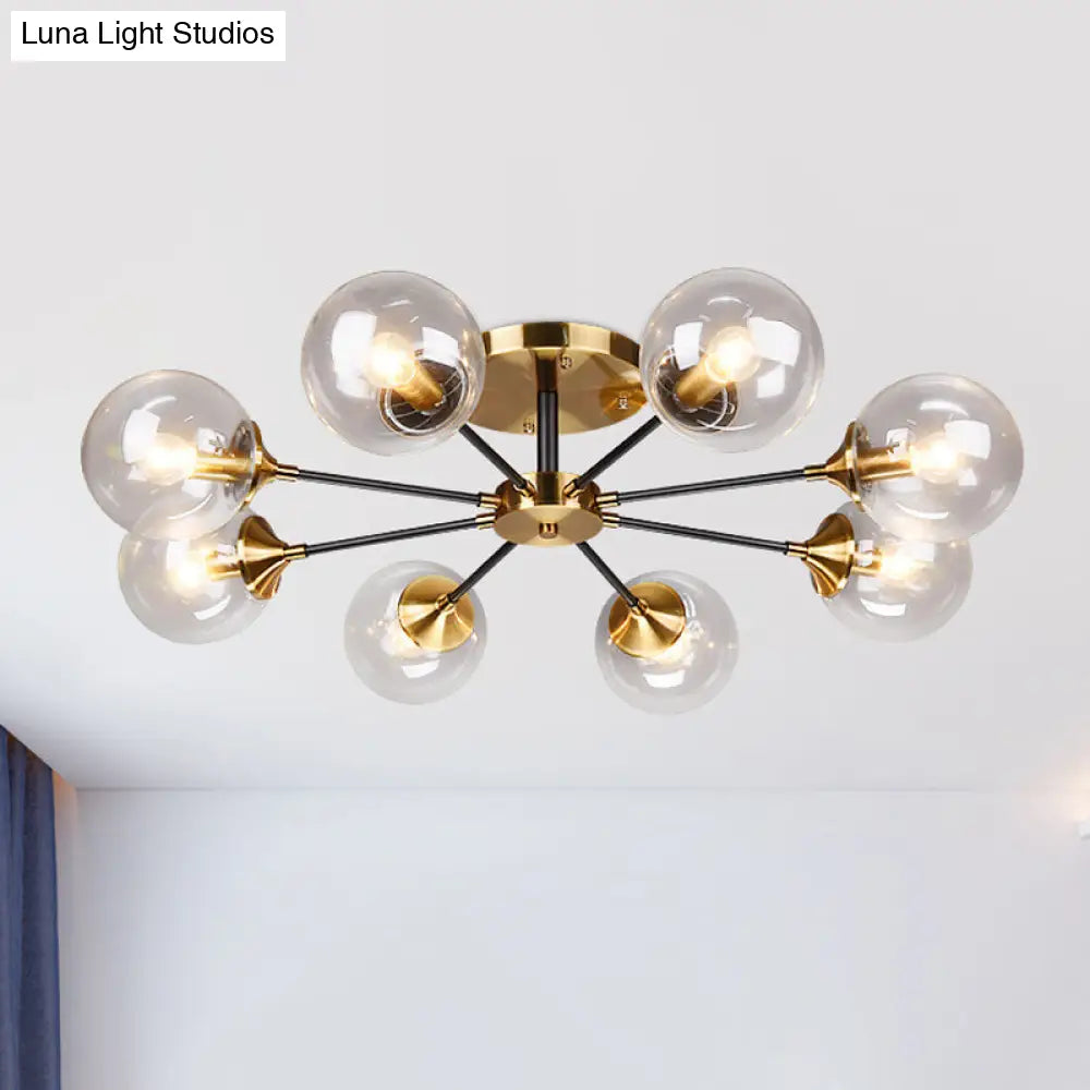 Modern Brass Semi Flush Mount Living Room Light Fixture With Clear Glass Shade - 8 Heads