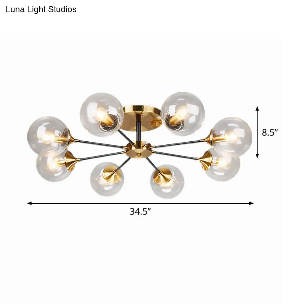 Modern Brass Semi Flush Mount Living Room Light Fixture With Clear Glass Shade - 8 Heads