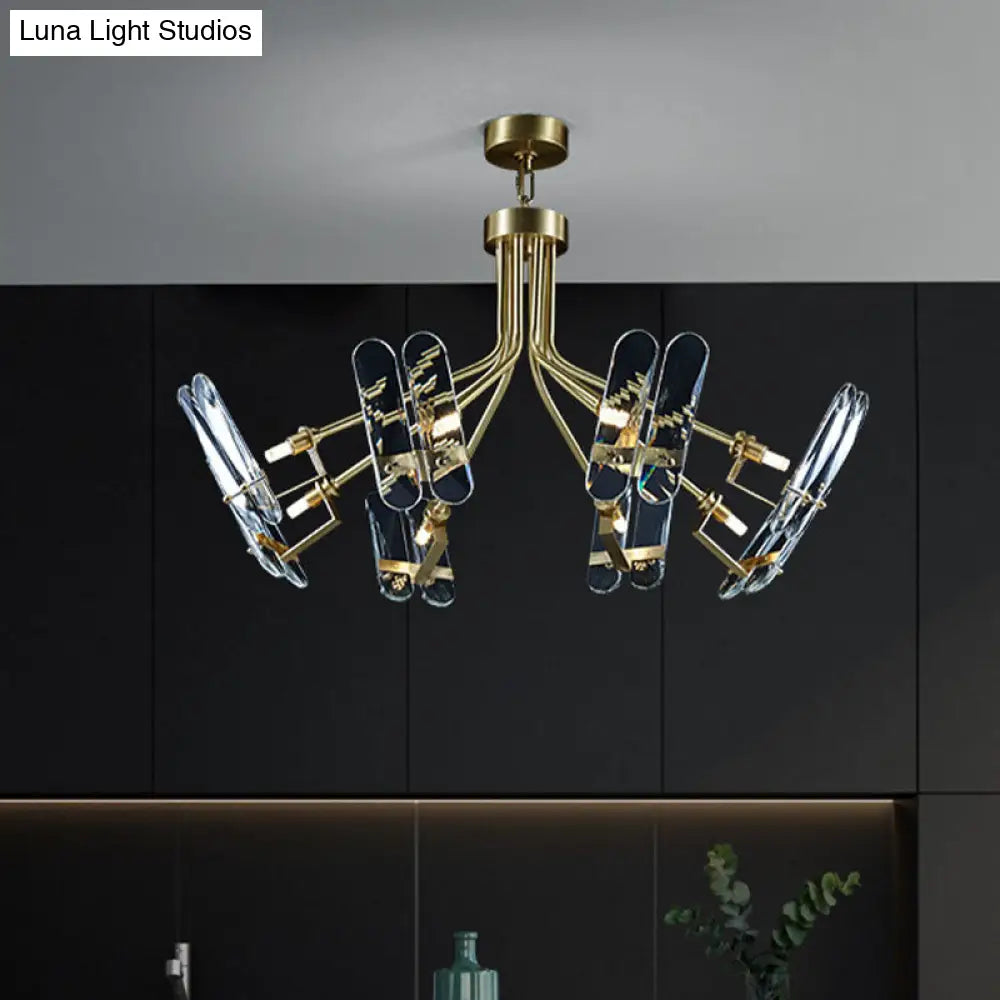 Modern Brass Semi Flush Sputnik Ceiling Light With 8 Clear Crystal Bulbs For Bedroom