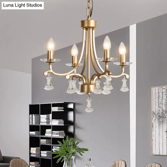 Modern Brass Starburst Chandelier With Crystal Drop - 4 Bulb Metal Pendant Light