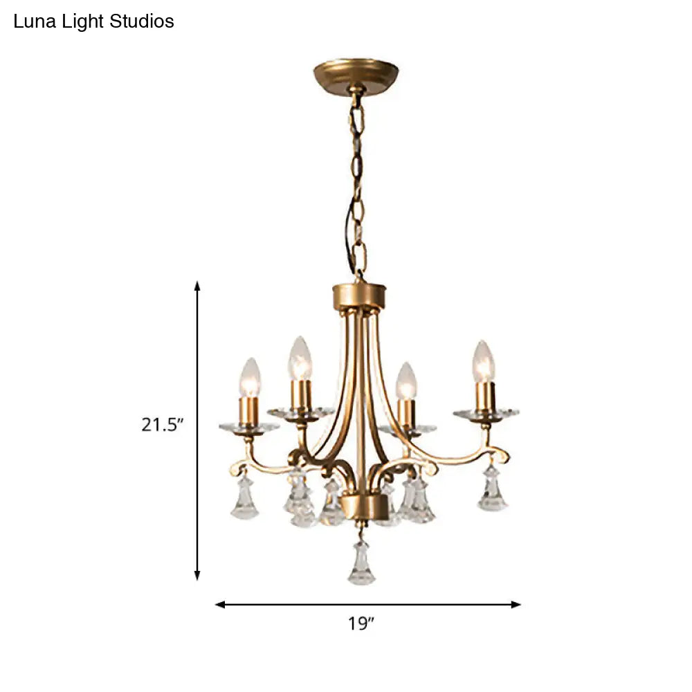 Modern Brass Starburst Chandelier With Crystal Drop - 4 Bulb Metal Pendant Light