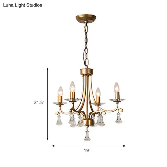 Modern Brass Starburst Chandelier With Crystal Drop - 4 Bulb Metal Pendant Light