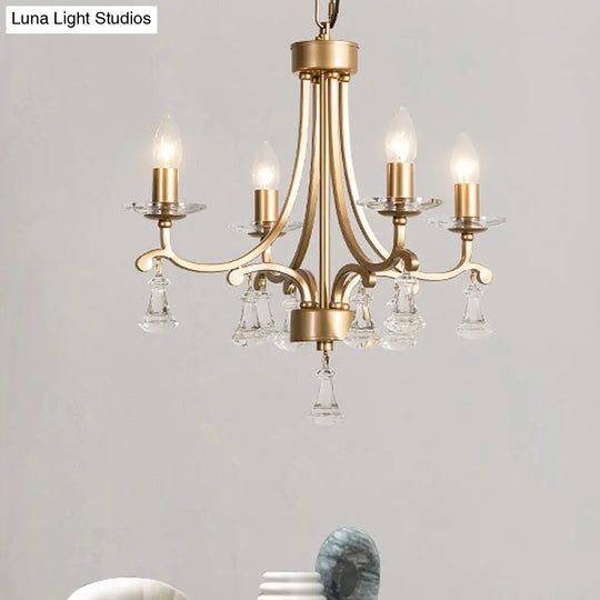 Modern Brass Starburst Chandelier With Crystal Drop - 4 Bulb Metal Pendant Light