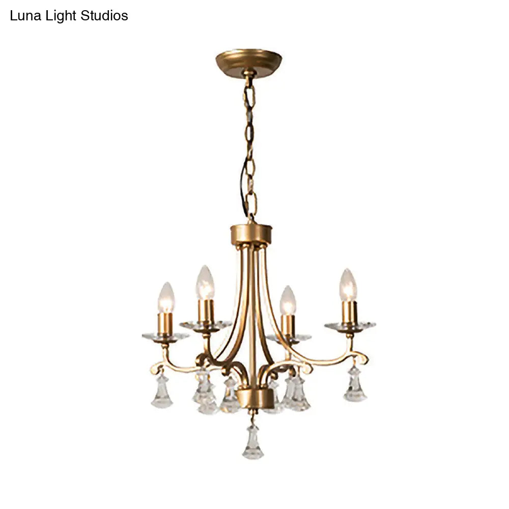 Modern Brass Starburst Chandelier - 4 Bulb Metal Pendant Light With Crystal Drop