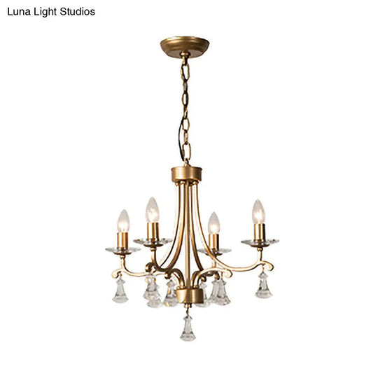 Modern Brass Starburst Chandelier - 4 Bulb Metal Pendant Light With Crystal Drop