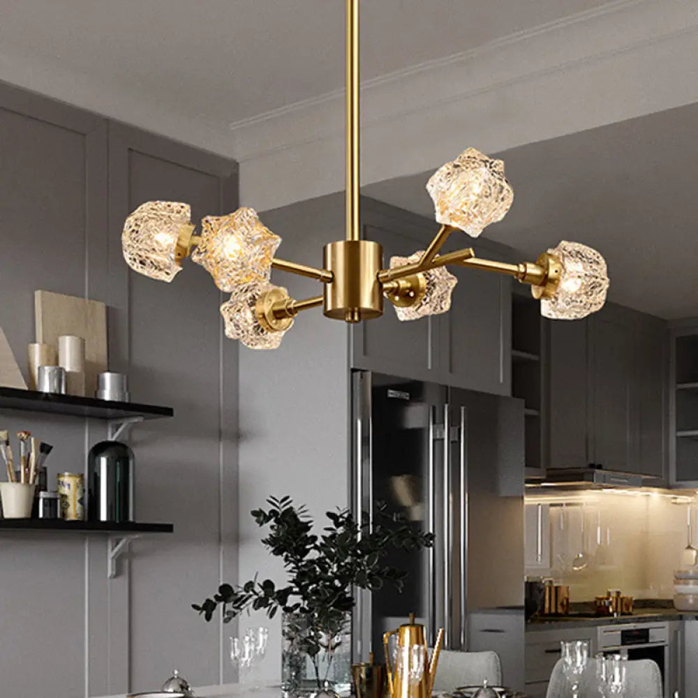 Modern Brass Starburst Chandelier - 6-Bulb Crystal Block Pendant Light For Dining Room