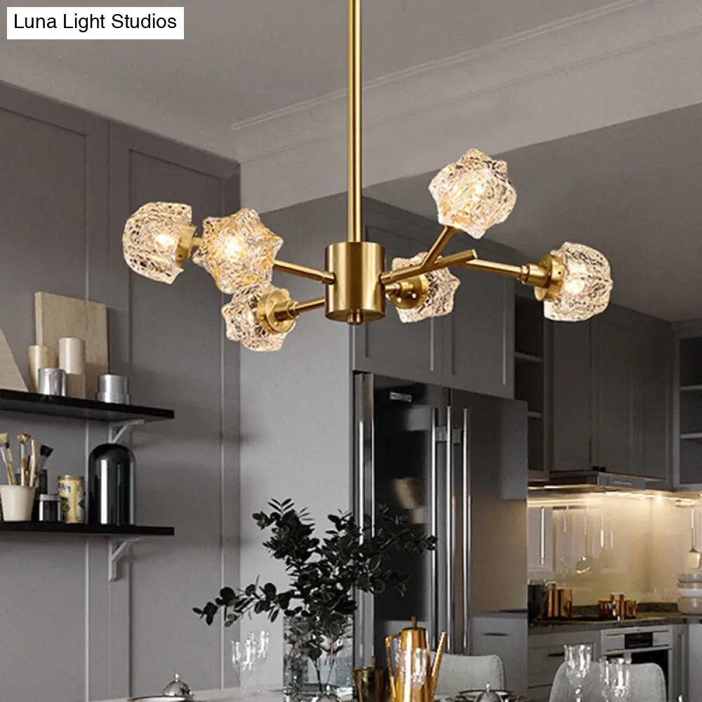 Modern Brass Starburst Chandelier Light - 6-Bulb Crystal Block Dining Room Pendant Fixture