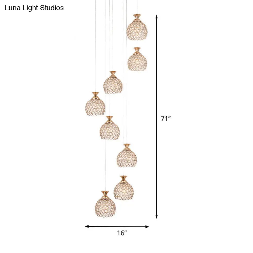 Modern Brass 8-Head Pendant Lamp With Crystal Dome Shade - Unique Suspension Lighting Cluster