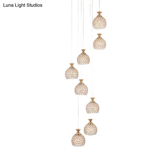 Modern Brass 8-Head Pendant Lamp With Crystal Dome Shade - Unique Suspension Lighting Cluster