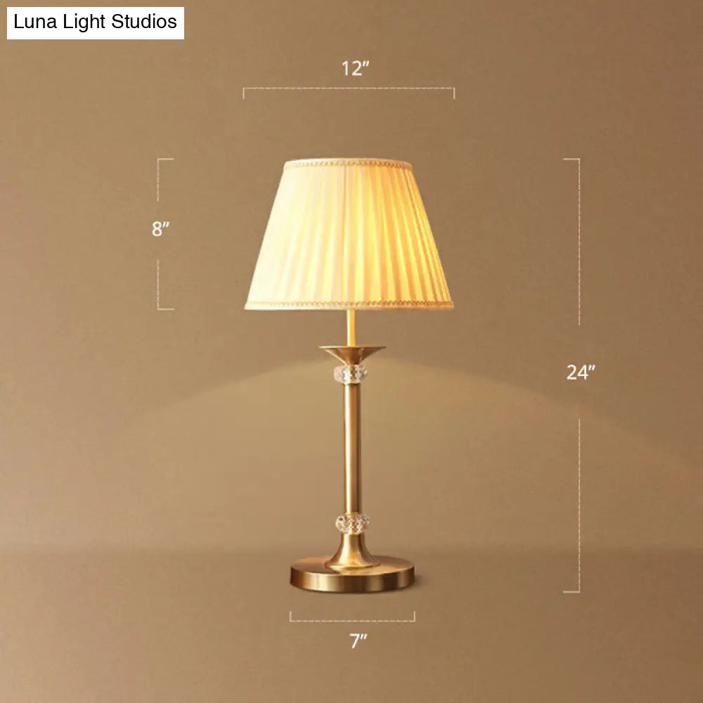 Modern Brass Table Lamp With Pleated Fabric Empire Shade - Single Bedside Night Light