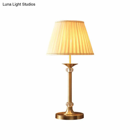 Modern Brass Table Lamp With Pleated Fabric Empire Shade - Single Bedside Night Light