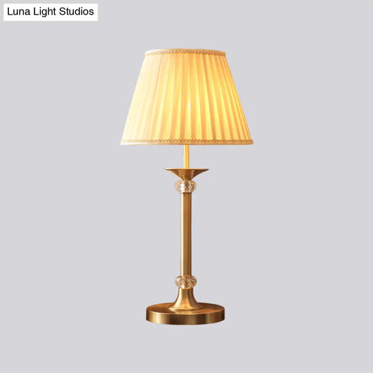 Modern Brass Table Lamp With Pleated Fabric Empire Shade - Single Bedside Night Light