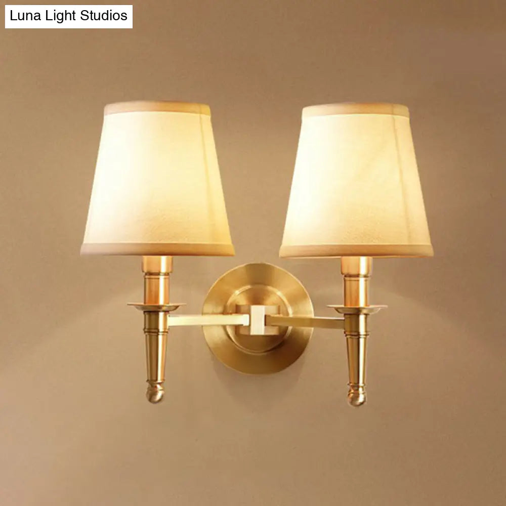 Modern Brass Taper Wall Lamp: Stylish Single-Bulb Fabric Sconce For Corridor