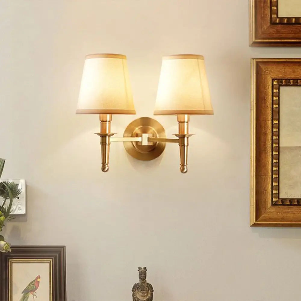 Modern Brass Taper Wall Lamp: Stylish Single-Bulb Fabric Sconce For Corridor 2 /