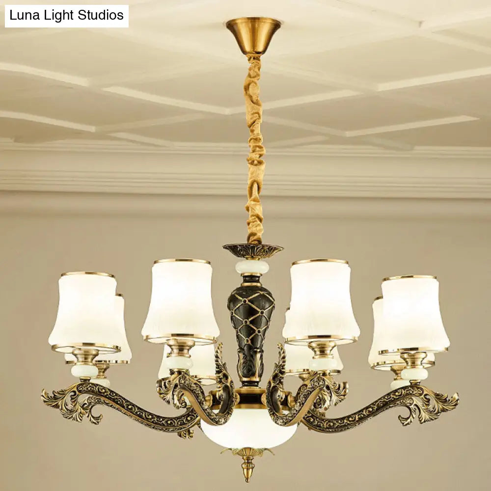 Modern Brass Tapered Chandelier With White Glass Pendant Lighting For Living Room