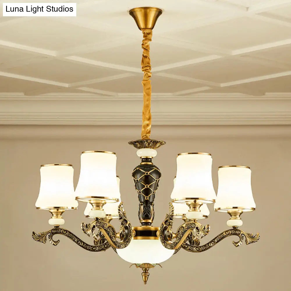 Modern Brass Tapered Chandelier With White Glass Pendant Lighting For Living Room