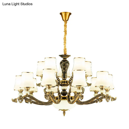 Modern Brass Tapered Chandelier With White Glass Pendant Lighting For Living Room