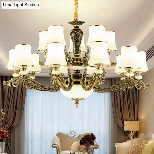 Modern Brass Tapered Chandelier With White Glass Pendant Lighting For Living Room