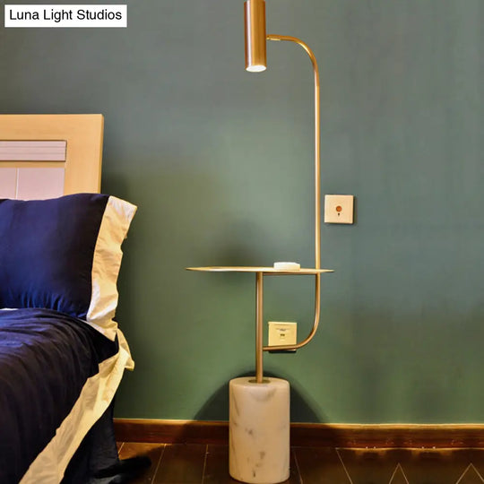 Modern Brass Tube Floor Lamp With Led Reading Light Table And Marble Pedestal