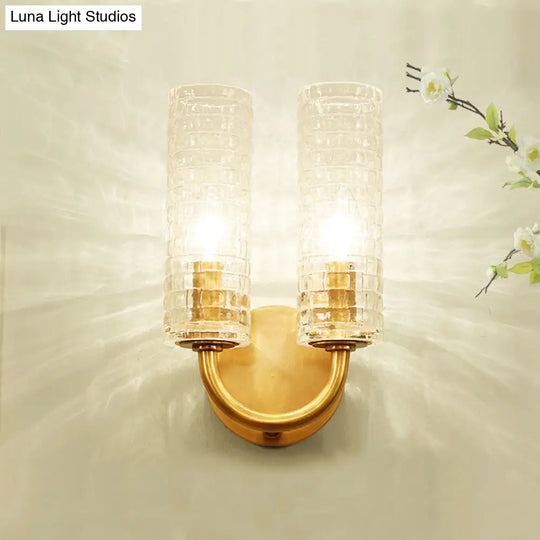 Modern Brass Tubular Flush Mount Wall Sconce With Crystal Accents: 2-Light Fixture & Curved Arm