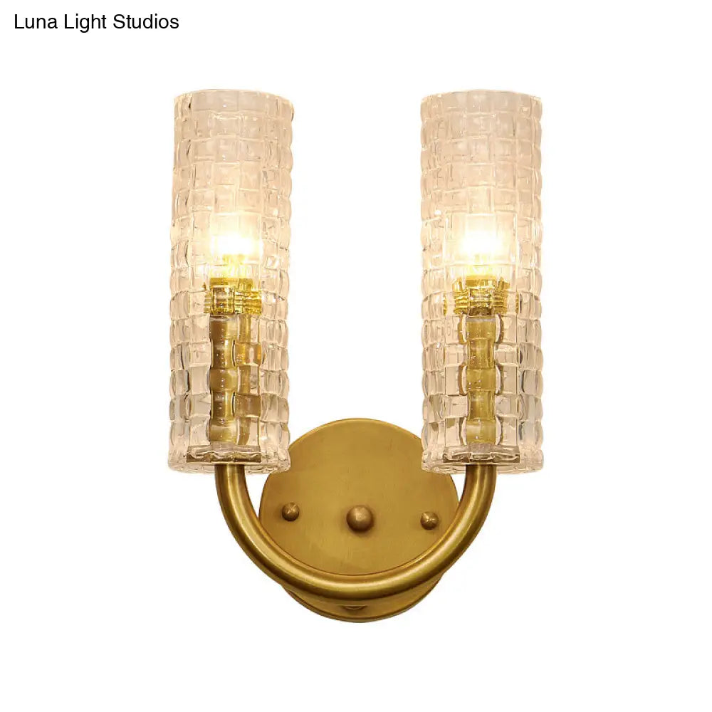 Modern Brass Tubular Flush Mount Wall Sconce With Crystal Accents: 2-Light Fixture & Curved Arm