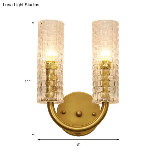 Modern Brass Tubular Flush Mount Wall Sconce With Crystal Accents: 2-Light Fixture & Curved Arm