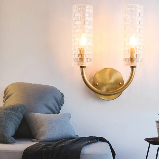 Modern Brass Tubular Flush Mount Wall Sconce With Crystal Accents: 2-Light Fixture & Curved Arm