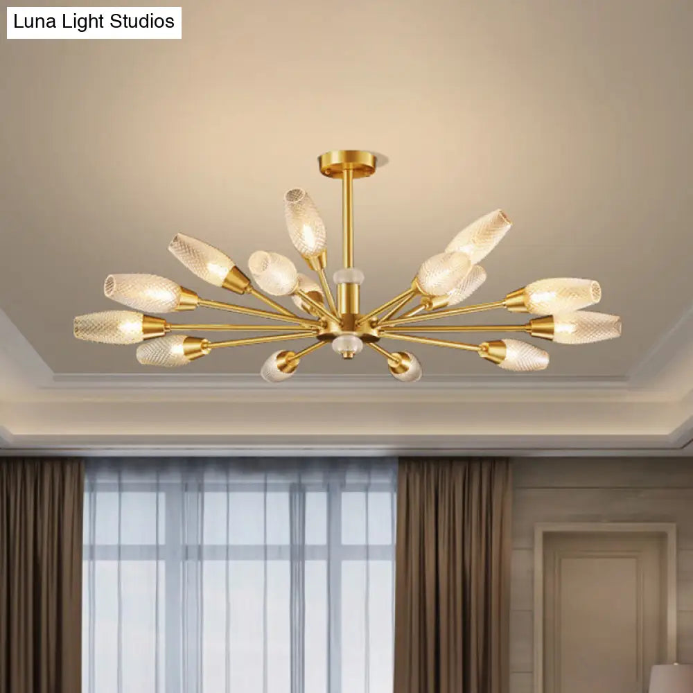 Modern Brass Tulip Hanging Lamp With Lattice Glass Shades - 9/12/15-Light Ceiling Chandelier For