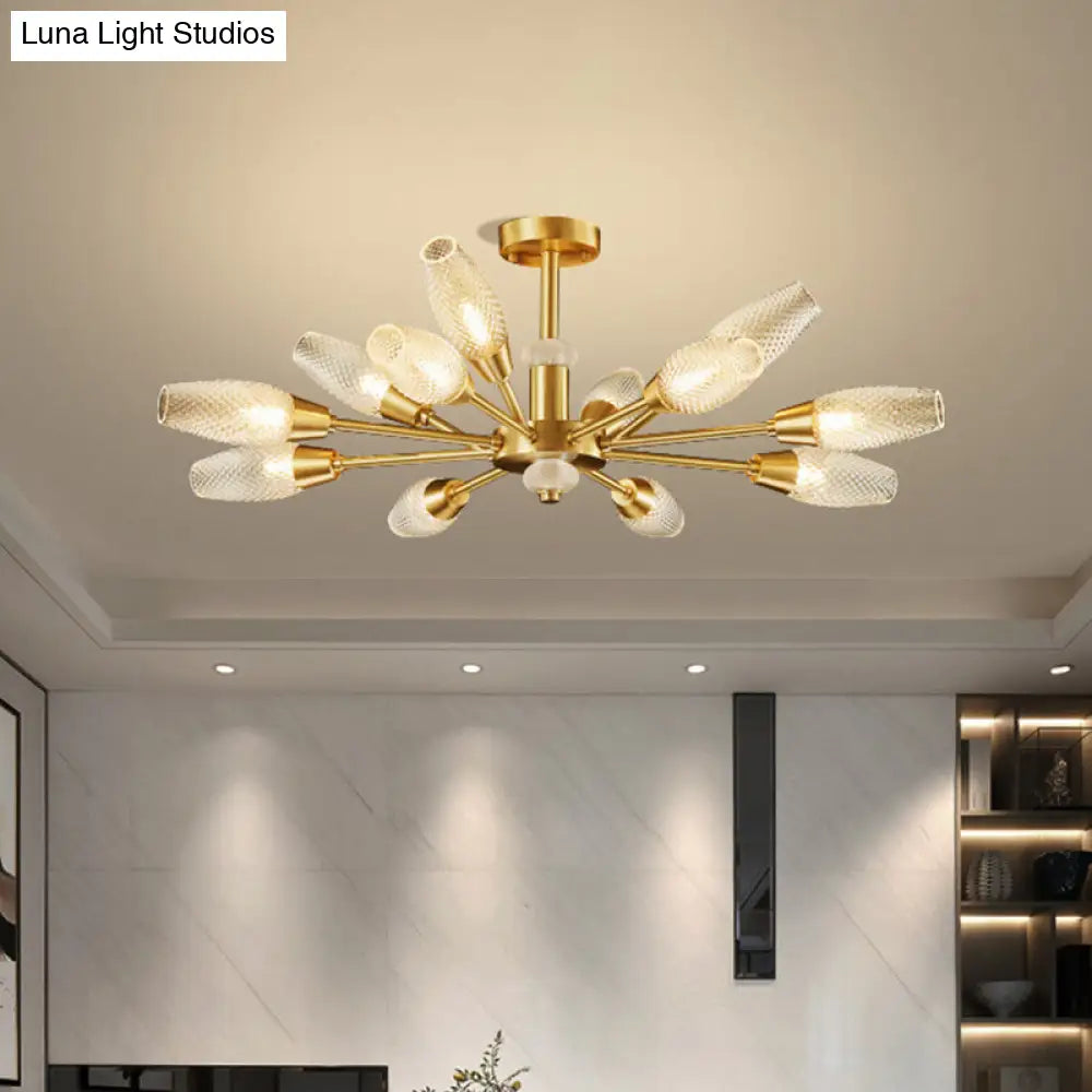 Modern Brass Tulip Hanging Lamp With Lattice Glass Shades - 9/12/15-Light Ceiling Chandelier For