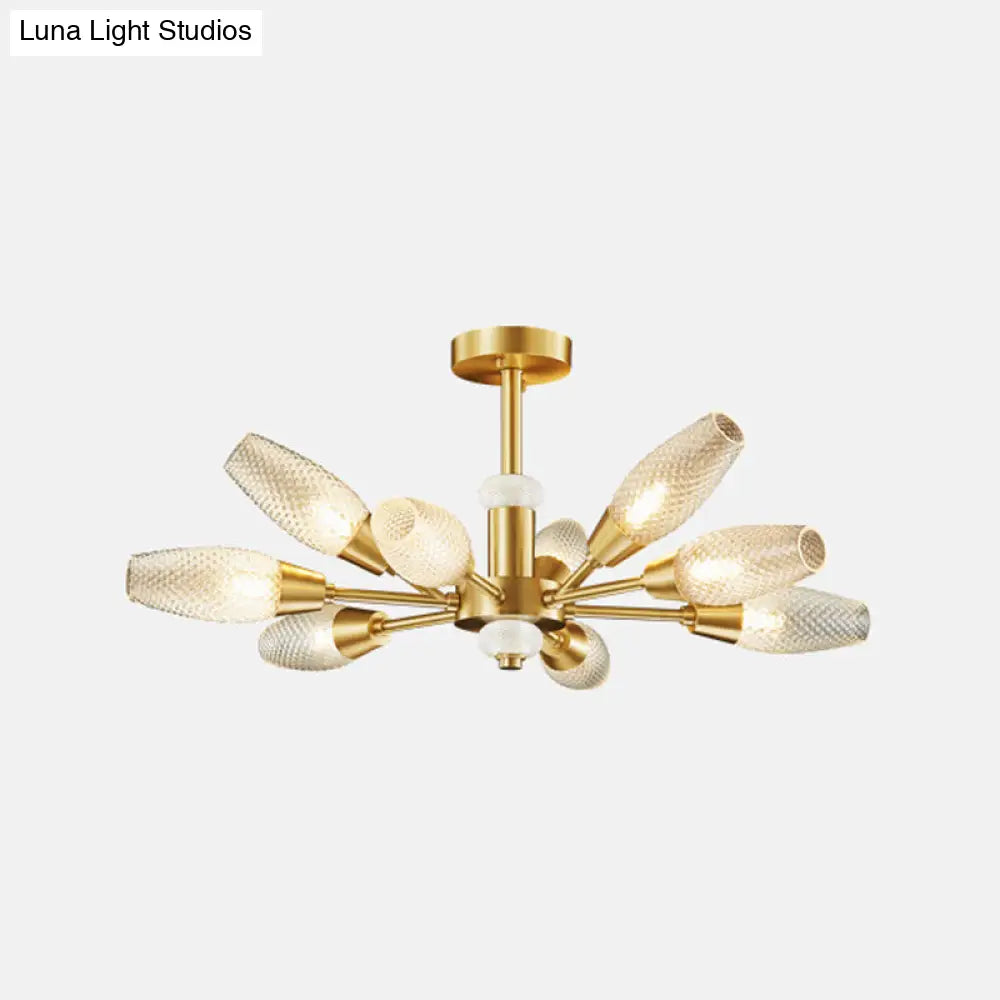 Modern Brass Tulip Hanging Lamp With Lattice Glass Shades - 9/12/15-Light Ceiling Chandelier For