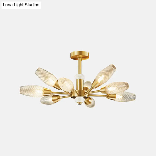 Modern Brass Tulip Hanging Lamp With Lattice Glass Shades - 9/12/15-Light Ceiling Chandelier For