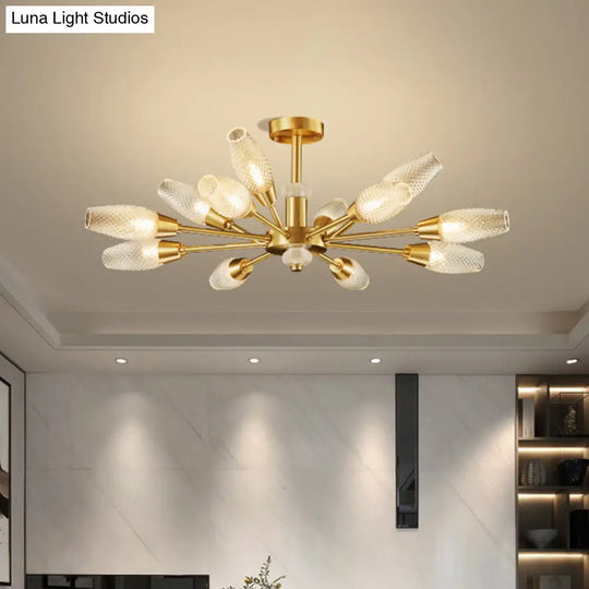 Modern Brass Tulip Hanging Lamp - Lattice Glass 9/12/15-Light Ceiling Chandelier For Living Room