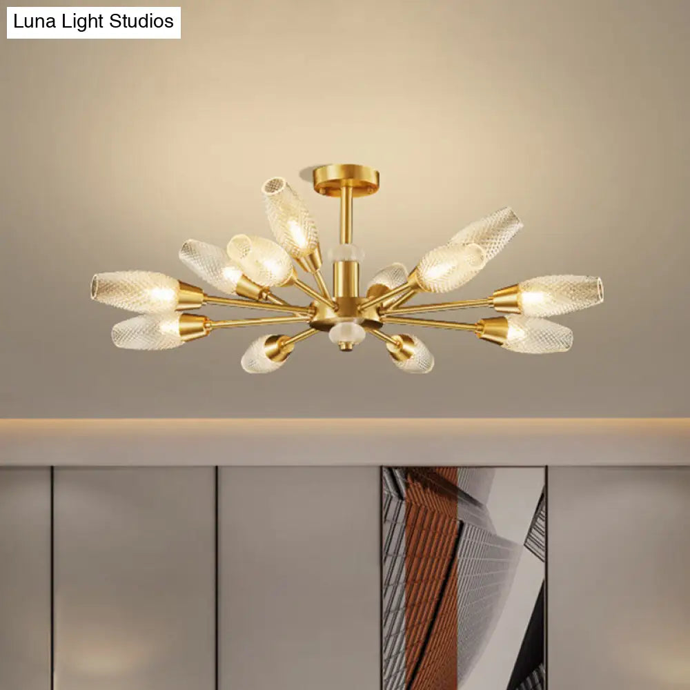 Modern Brass Tulip Hanging Lamp With Lattice Glass Shades - 9/12/15-Light Ceiling Chandelier For