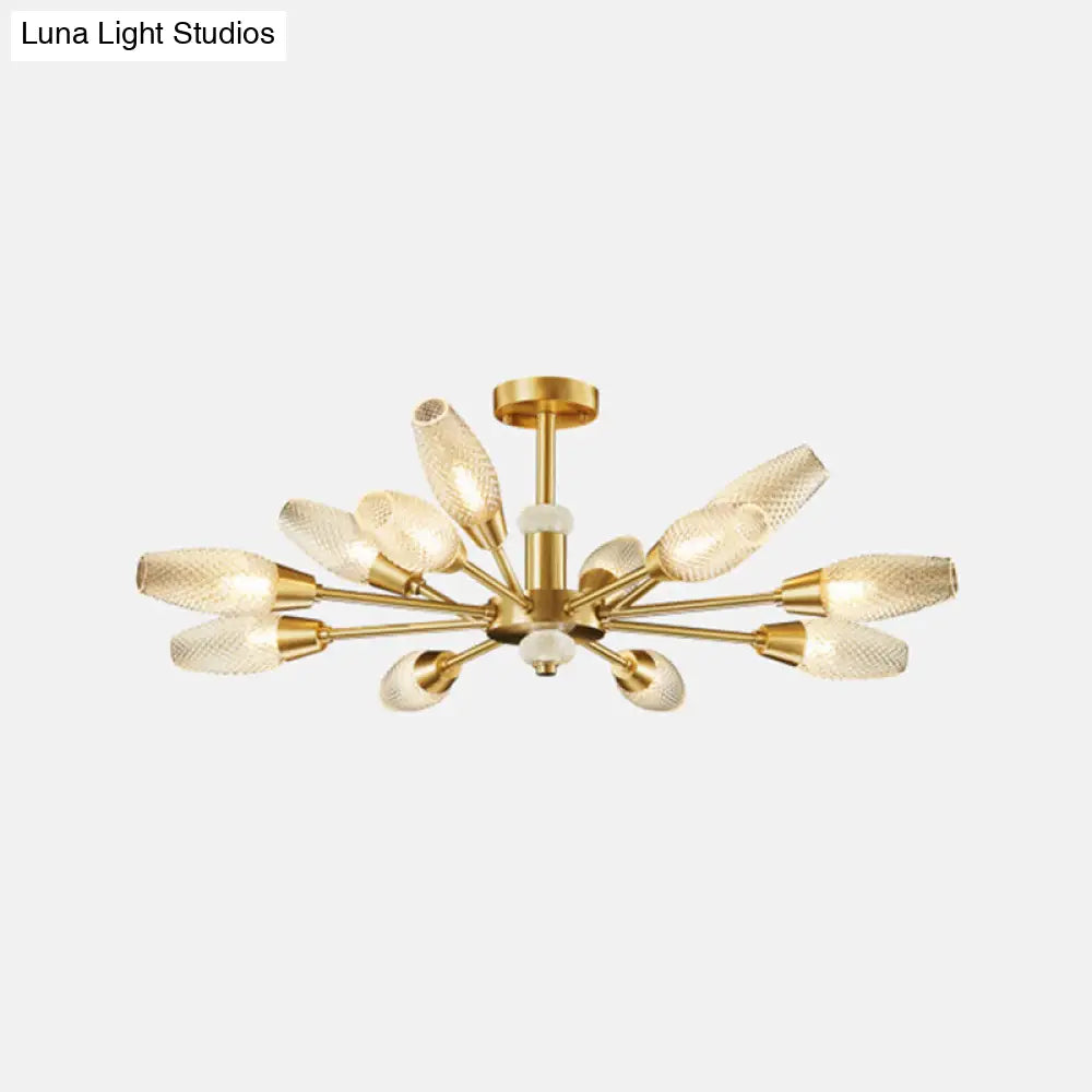 Modern Brass Tulip Hanging Lamp With Lattice Glass Shades - 9/12/15-Light Ceiling Chandelier For