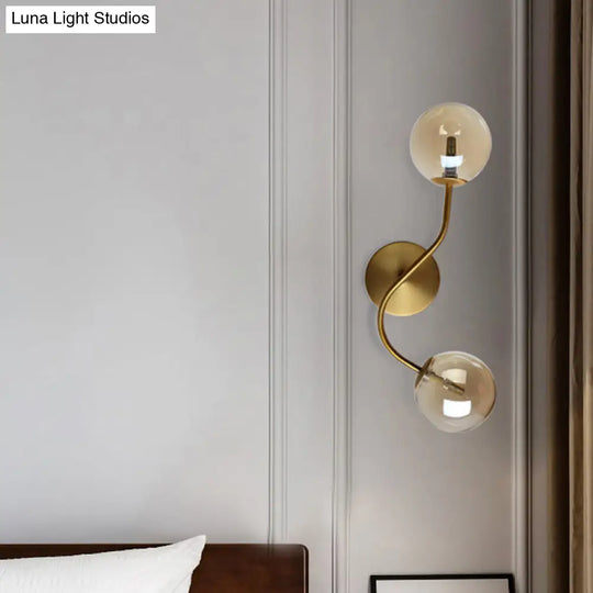 Modern Brass Wall Lamp Sconce With Clear/Tan Glass - Ball Stairway 2-Light Led