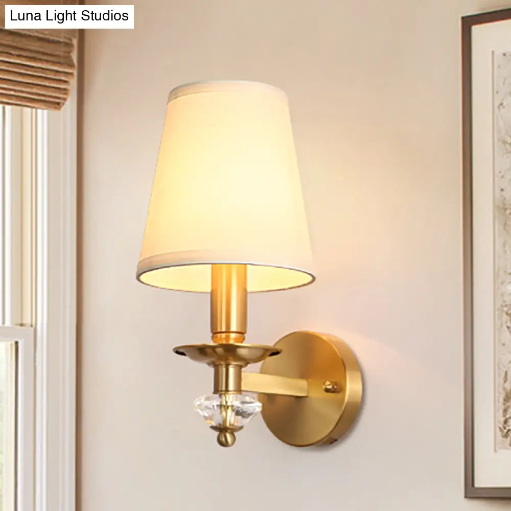 Modern Brass Wall Lamp With Fabric Cone Shade - Stylish Living Room Lighting