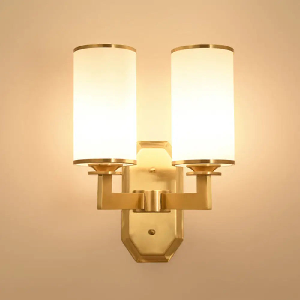 Modern Brass Wall Lamp With Frosted Opal Cylindrical Shade 2 /