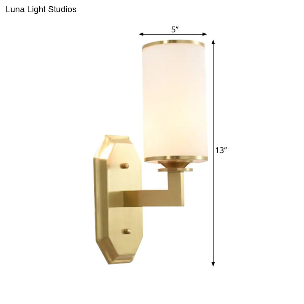 Modern Brass Wall Lamp With Frosted Opal Cylindrical Shade