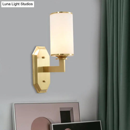 Modern Brass Wall Lamp With Frosted Opal Cylindrical Shade