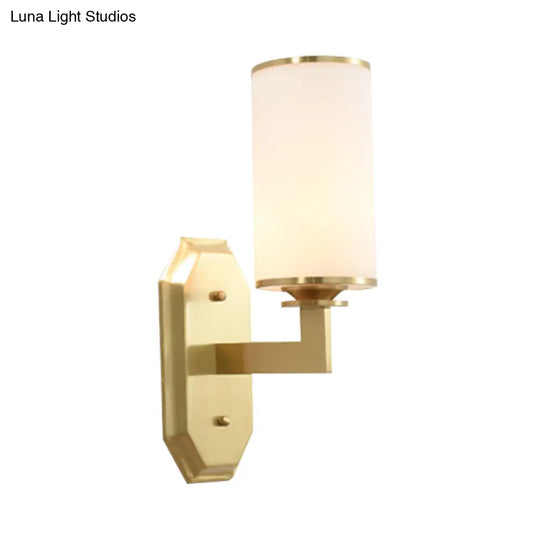 Modern Brass Wall Lamp With Frosted Opal Cylindrical Shade