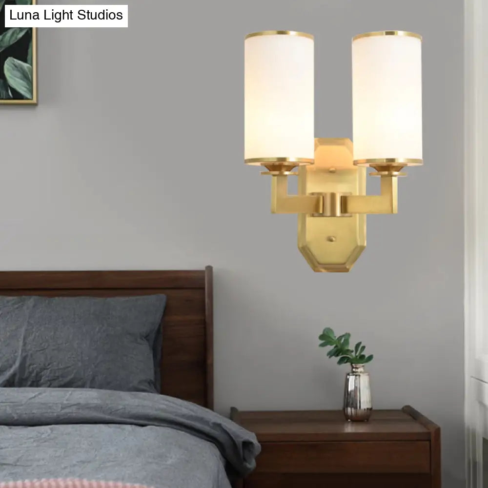 Modern Brass Wall Lamp With Frosted Opal Cylindrical Shade