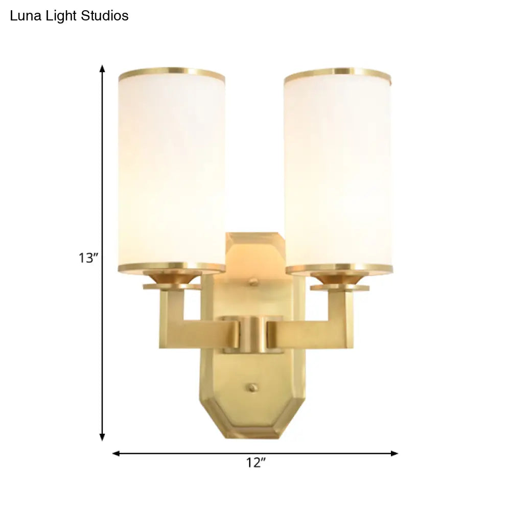 Modern Brass Wall Lamp With Frosted Opal Cylindrical Shade