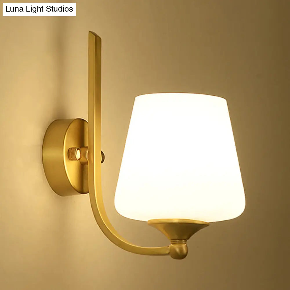 Modern Brass Wall Lamp With Tapered Milk Glass Shade - Stylish 1-Bulb Sconce Lighting For Bedroom