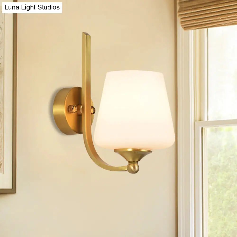 Modern Brass Wall Lamp With Tapered Milk Glass Shade - Stylish 1-Bulb Sconce Lighting For Bedroom