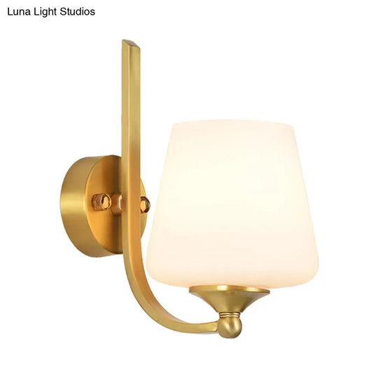 Modern Brass Wall Lamp With Tapered Milk Glass Shade - Stylish 1-Bulb Sconce Lighting For Bedroom