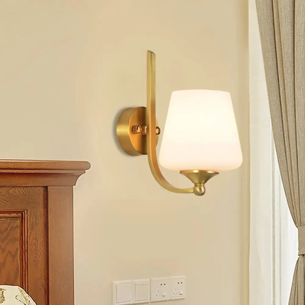 Modern Brass Wall Lamp With Tapered Milk Glass Shade - Stylish 1-Bulb Sconce Lighting For Bedroom