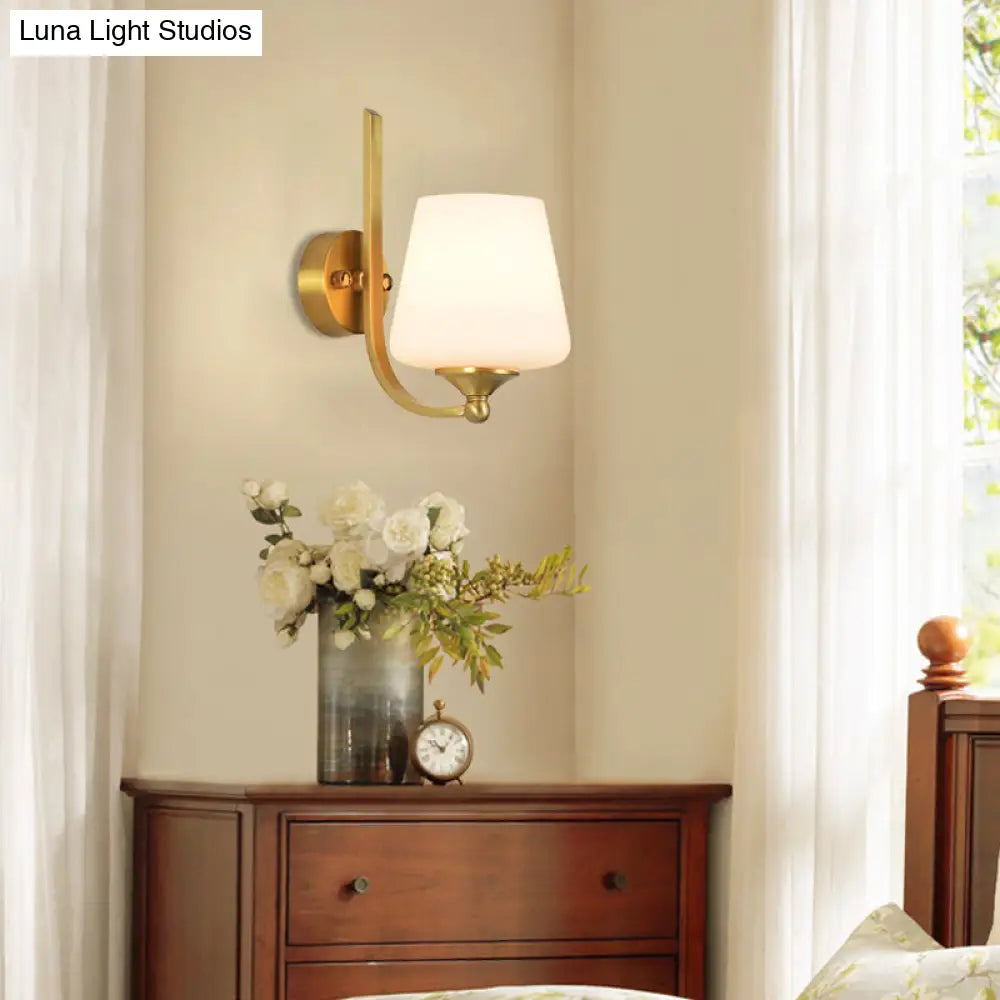 Modern Brass Wall Lamp With Tapered Milk Glass Shade - Stylish 1-Bulb Sconce Lighting For Bedroom